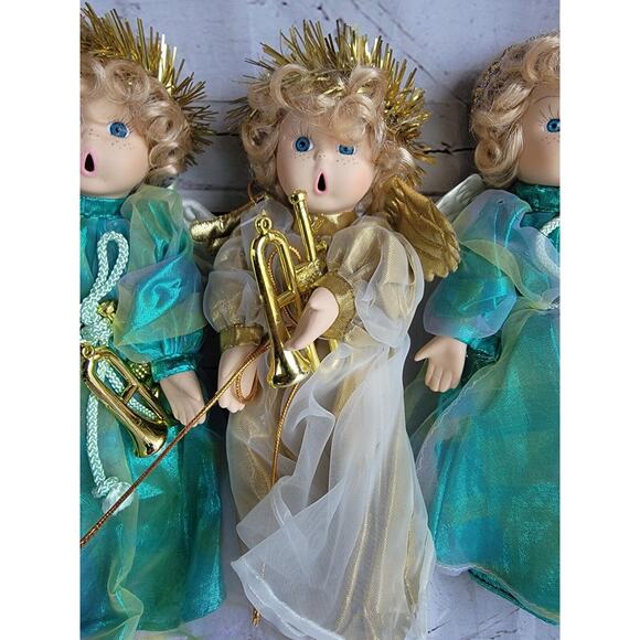 Porcelain Christmas Angel Dolls Lot 3 Dressed in Gold with Open Mouth Instrument - Picture 4 of 12